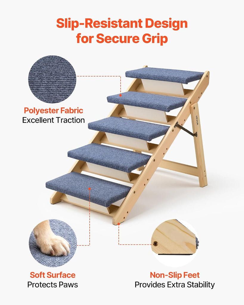 Wood Pet Stairs, 5-Step Dog Stairs for Beds, Sofa & Cars, 150lbs Load Capacity, Floded Flat Design, Stable & Sturdy