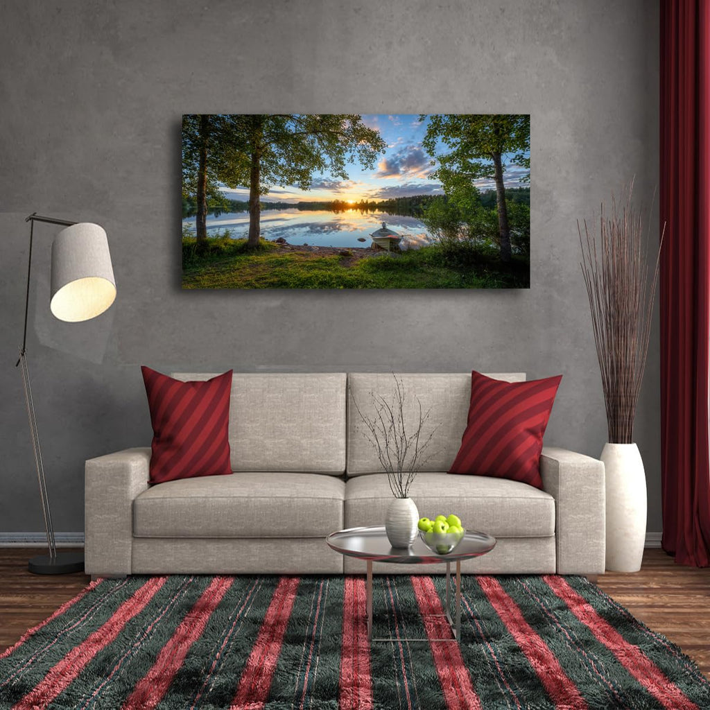 Tree Canvas Wall Art of a Sunrise Over a Forest Lake 20x40inches Nature Inspired Painting Perfect for Wall Decoration