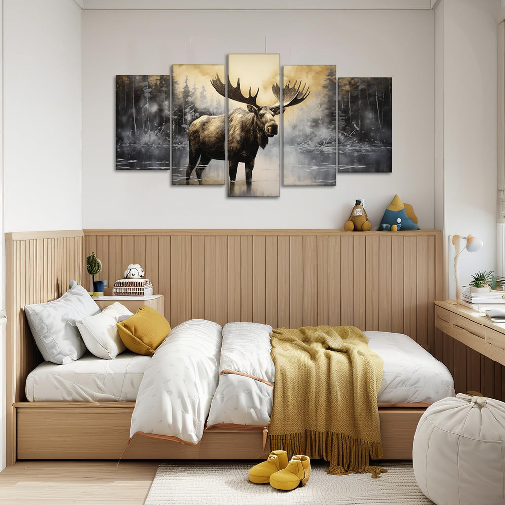Large Moose Wall Art 5 Piece Wildlife Canvas Pictures Prints Rustic Forest Wilderness Animal Painting Moose Art Cabin