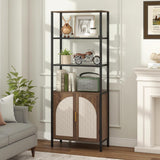 Rattan Bookshelf with Storage, Boho Bookcase with Wicker Doors, 71" Tall Book Shelf with LED Lights, Brown