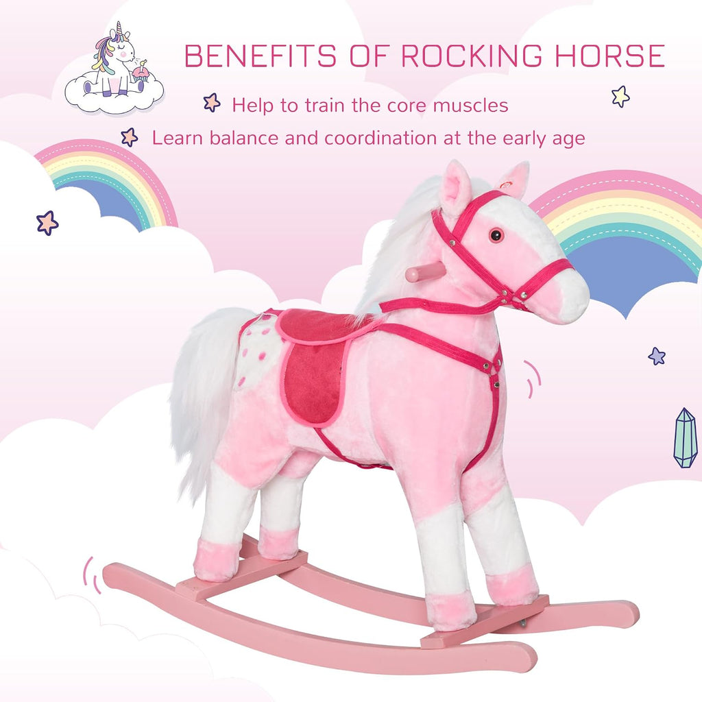 Kids Rocking Horse Plush Ride On Toy with Realistic Sounds, Pink