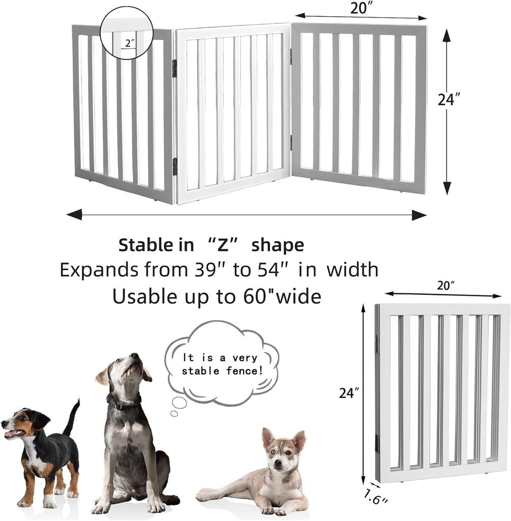 Freestanding Indoor Dog Gate Foldable Wood White Puppy Gate for Doorways Pet Gate for Stairs Extra Wide Pet Fence 24"