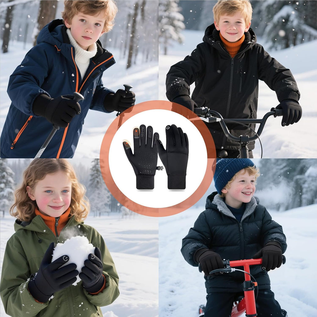 Kids Winter Gloves Waterproof Touchscreen Warm Fleece Anti-Slip for Boys Girls Children Black