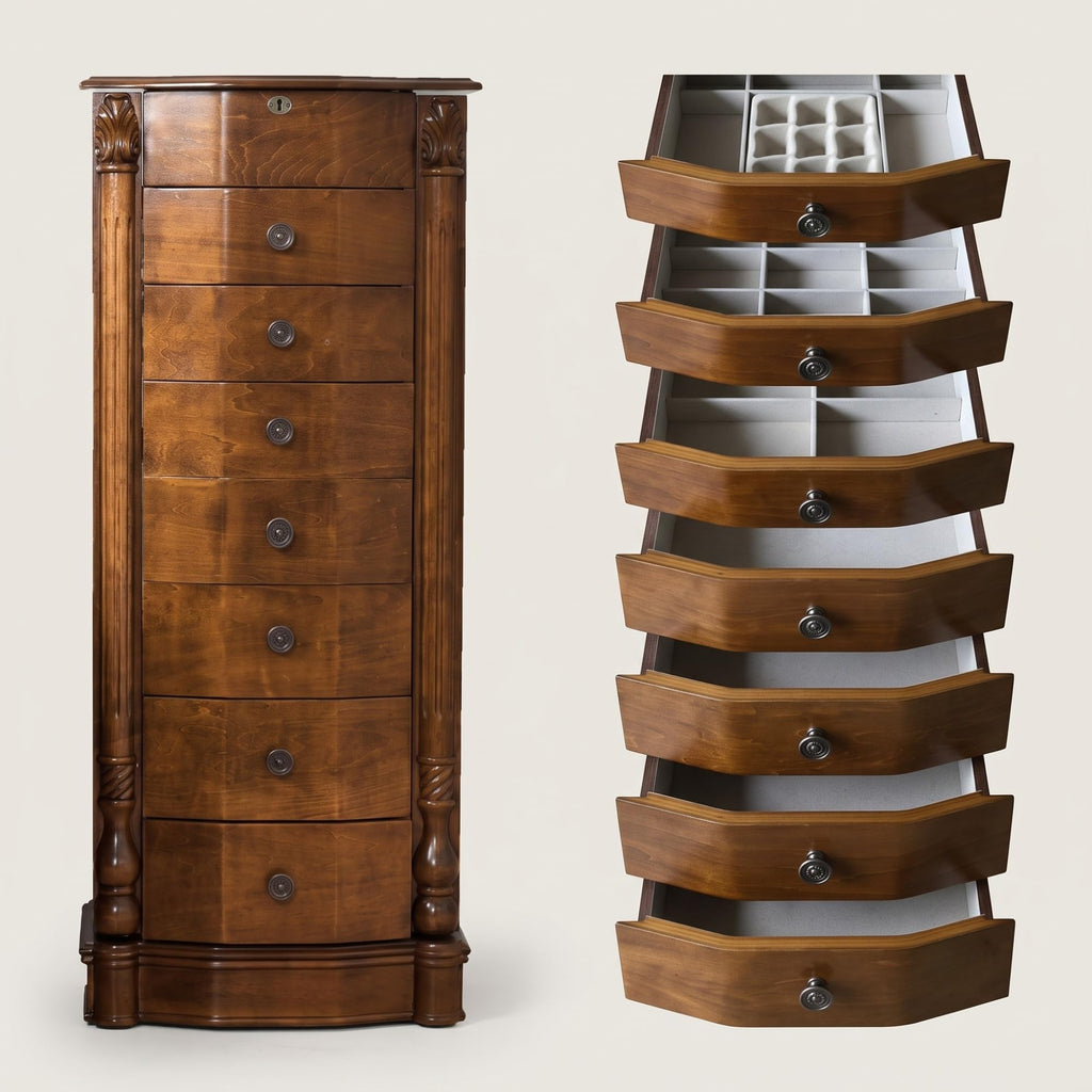 Annette Standing Jewelry Armoire, Locking Jewelry Cabinet, 7 Drawers, Necklace Hooks, Mirror, Secure Storage