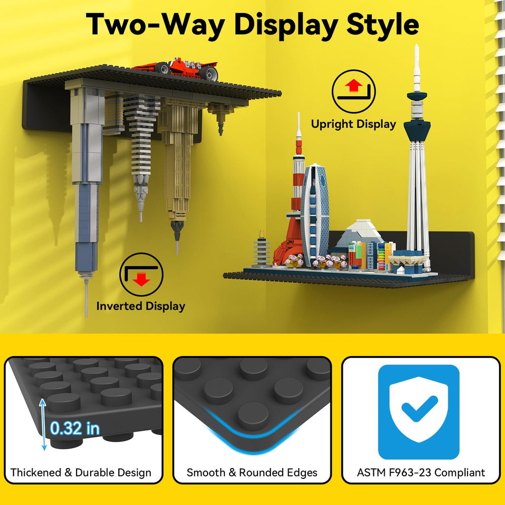 4-Pack Floating Shelves for Wall Compatible with Lego Bricks, Black
