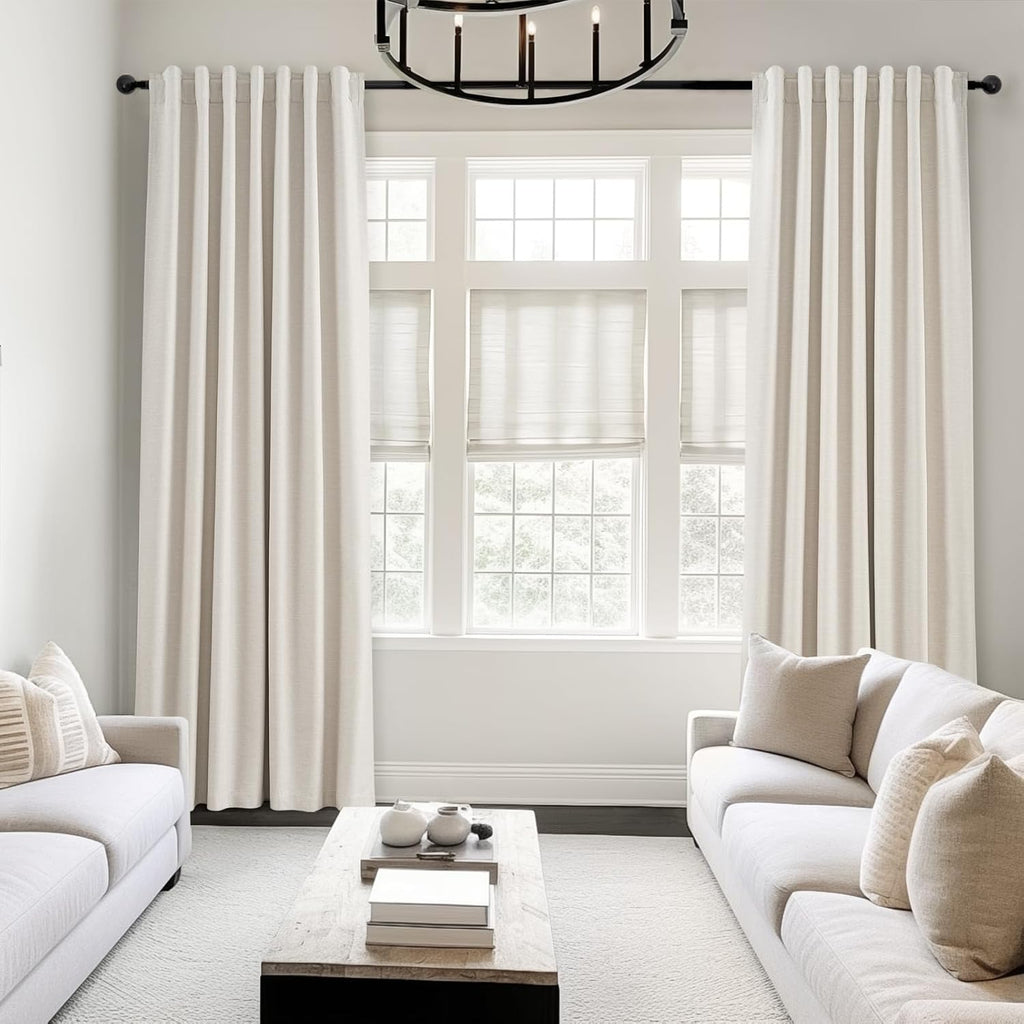 Linen Blackout Curtains 96 Inch Long, Boho Farmhouse Ivory Birch Viral Drapes Pinch Pleated Curtains with Hooks