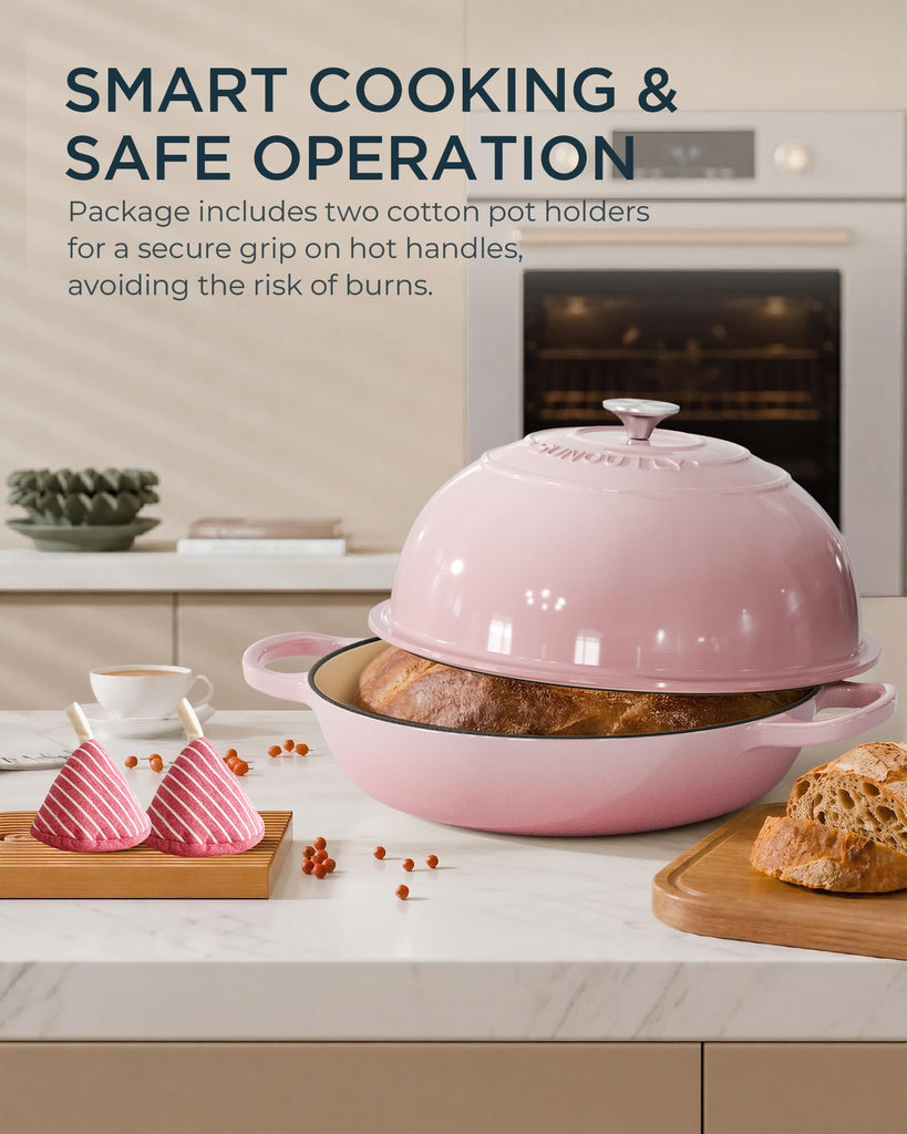 Enameled Cast Iron Dutch Oven for Bread Baking, 6QT Meatloaf Pan, Pink