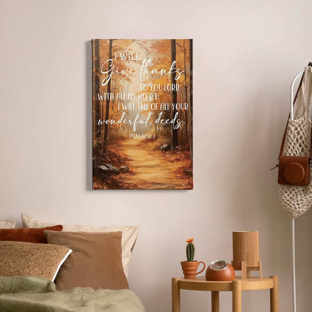 Fall Christian Wall Decor, Autumn Nature Forest Thanksgiving Bible Verse Framed Canvas Painting Wall Art Decor