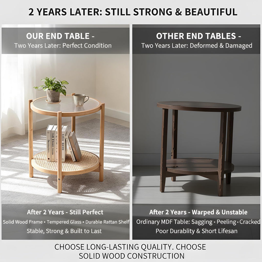 Rattan Side Table, Modern Round Bamboo, Glass Top, Wood