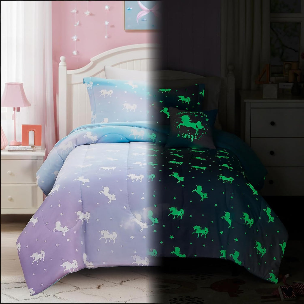 Twin Comforter Set for Girls-3 Pieces Unicorn Glow in the Dark Twin Bedding Sets for Kids,1 Comforter,1 Sham and 1