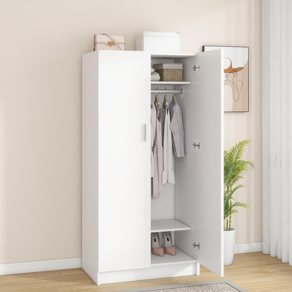 2 Door Wood Wardrobe Closet with Hanging Rail and 2 Shelves, Bedroom Armoire for Clothes Storage, 19.7" D x 30.7" W x