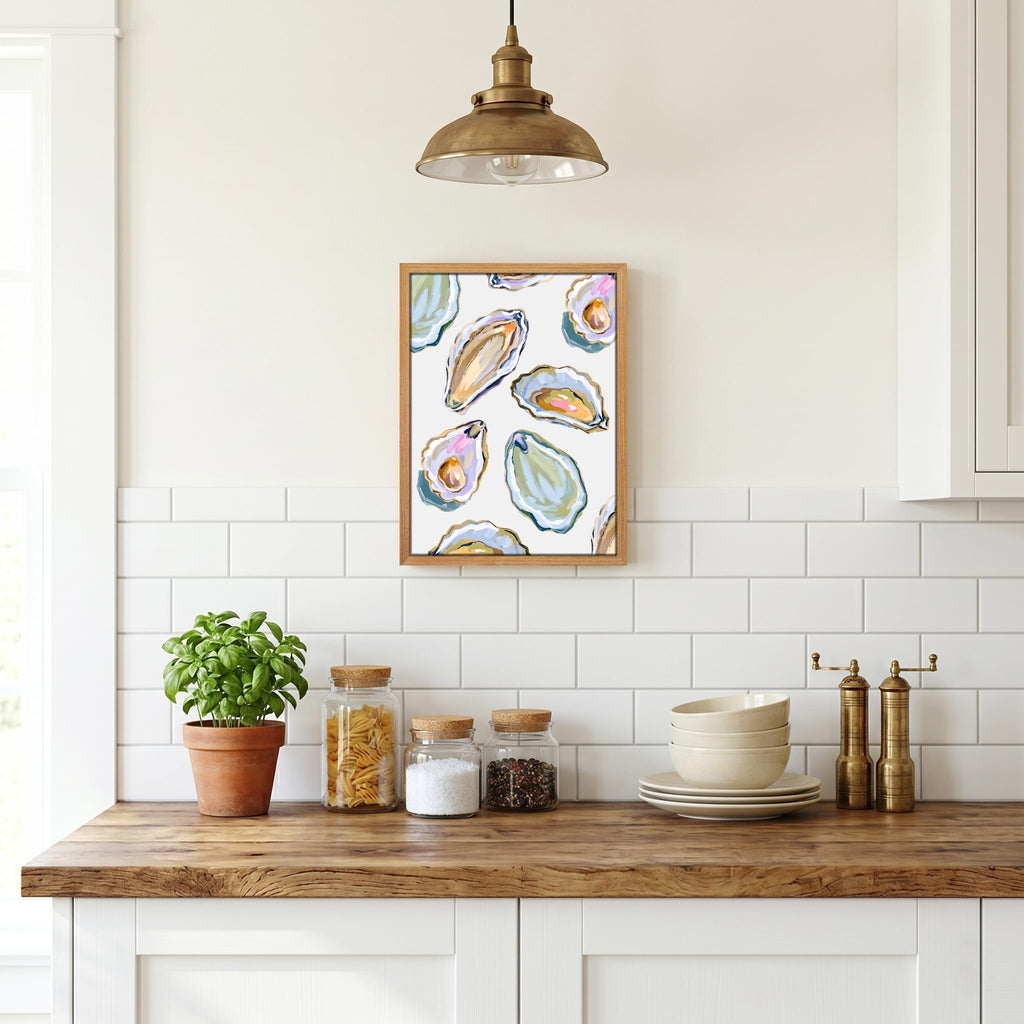Framed Oyster Shell Wall Art, Colorful Abstract Shellfish Picture Wall Decor Painting, Summer Coastal Beach Seafood