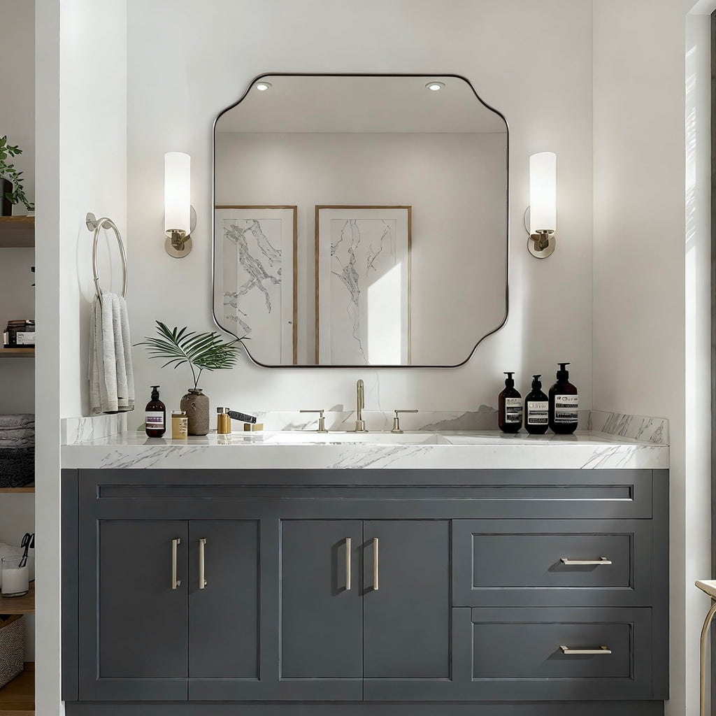 30"x30" Brushed Nickel Square Mirror, Silver Bathroom Mirror for Over Sink, Modern Scallop Mirror in Anti-Rust