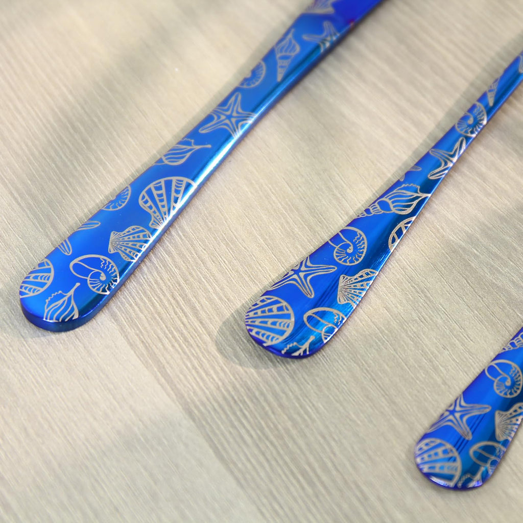 20 Piece Blue Stainless Steel Flatware Set with Seashell and Starfish Pattern, This complete set includes 4 dinner