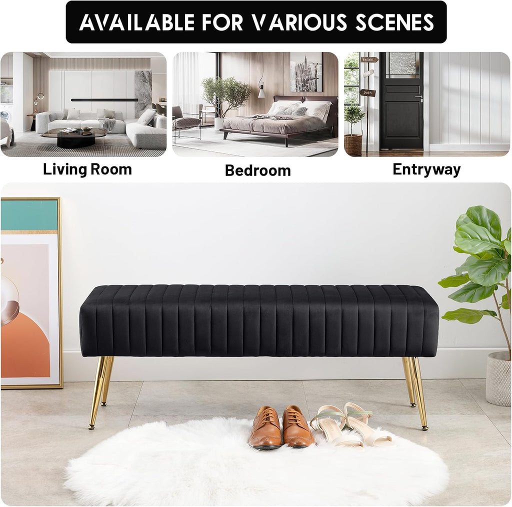 44 Inch Bedroom Bench, Upholstered Tufted Striped Fabric Ottoman Benches with X-Shaped Metal Legs Solid Wood Indoor