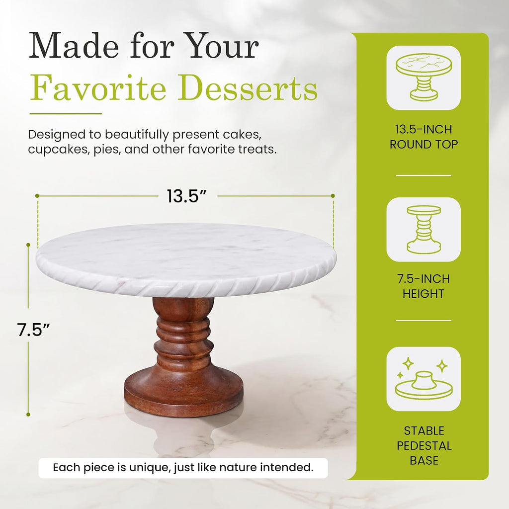 White Marble Cake Stand with Wooden Base - Elegant Round Cake Stand