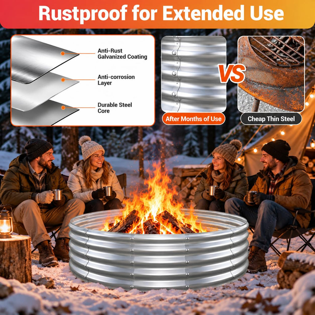 48in Outdoor Fire Pit Ring, Heavy Duty Galvanized Steel Wood Burning Fire pits, Portable for Backyard Bonfire, Outside