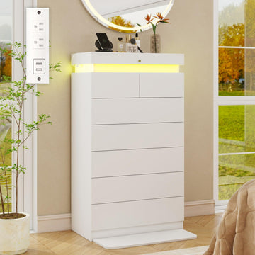 White Tall 7 Drawer Dresser with LED Light and Power Outlet, 51.3" Modern Chest of 5+2 Drawers with Sliding Top Lock
