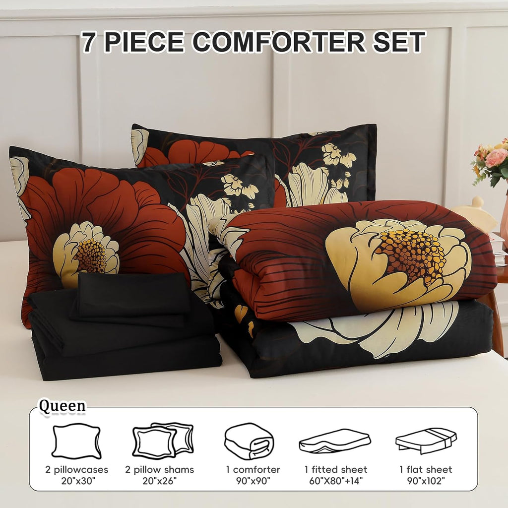 Xruibed Black Floral Comforter Set Queen 7 Pieces Bed in a Bag Flower Bedding Sets Lightweight Boho Bed Set with