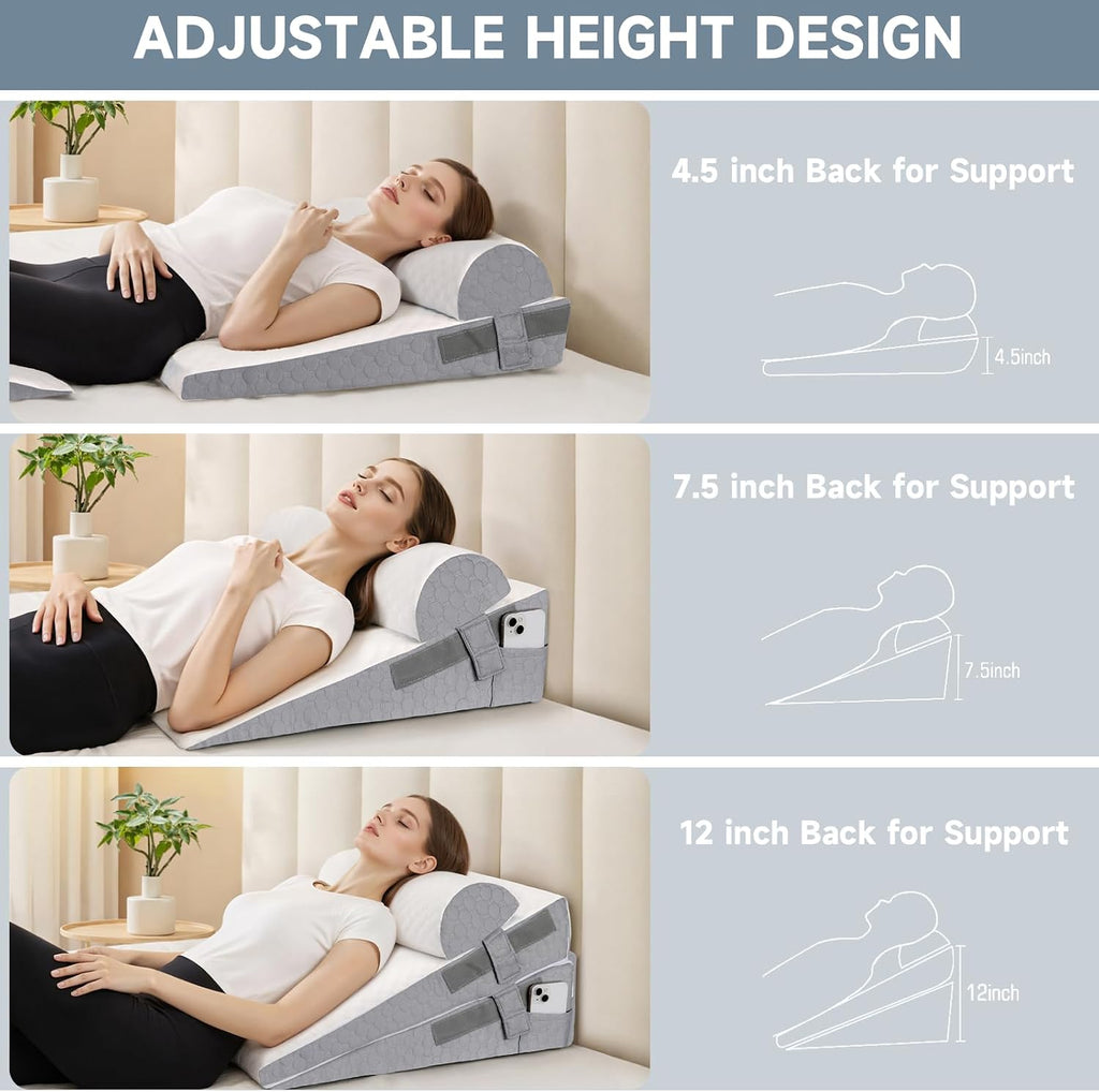 Bed Wedge Pillow for Sleeping, 3 Pcs Adjustable Height 4.5&7.5&12 Inch Triangle Pillow Wedge for Post Surgery, Acid