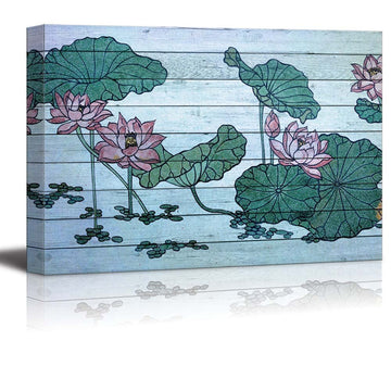 Illustration of Water Lilies on a Pond Over Blue Wood Panels - Canvas Art Home Art - 12x18 inches