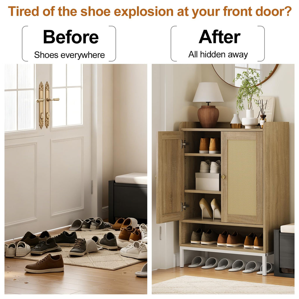 Shoe Cabinet, Rattan Shoe Rack Organizer with Doors