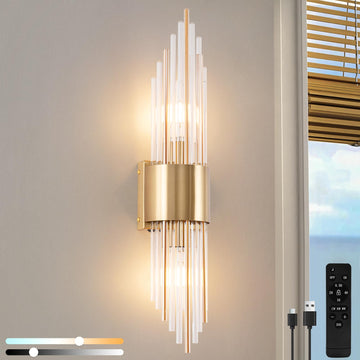 Battery Operated Wall Sconce 2-Light Modern Crystal Wall Sconces Gold Vanity Wall Light with Frosted Glass Luxury