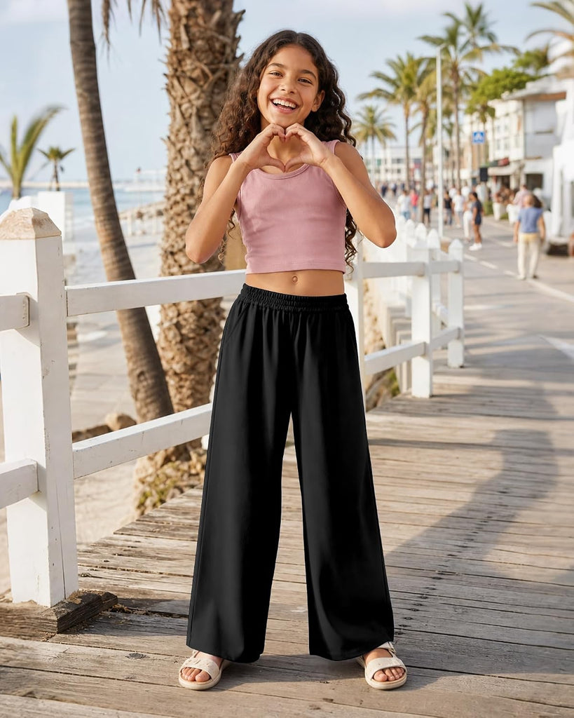 Girls Wide Leg Loose Pants Straight Plain Casual Uniform Long Pant for School Street Outgoing Kids Girls