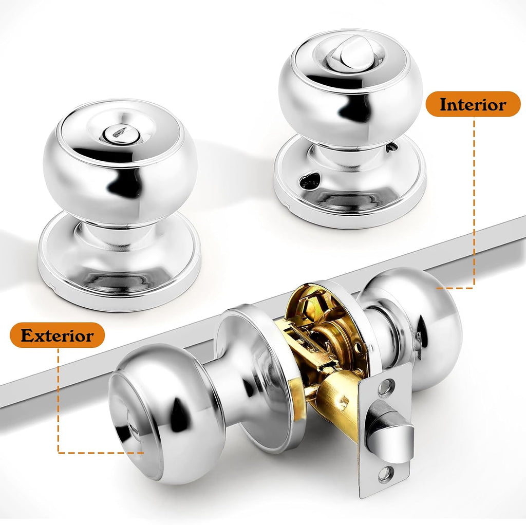 Polished Chrome Bed/Bath Door Knobs, Privacy Door Locksets, Keyless Interior Door Knobs, 10 Pack