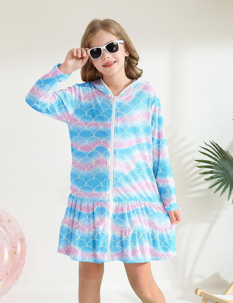 Girls Swim Cover Up Kids Long Sleeve Swimsuit Coverup Terry Beach Pool Clothes with Sunglasses