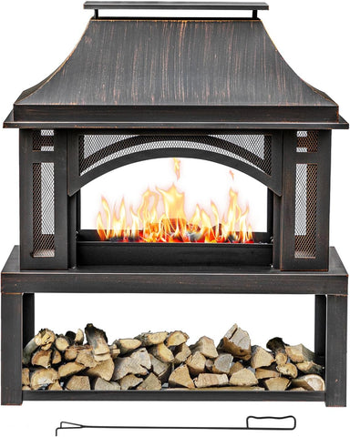 39" Fire Pits with Wood Storage for Outside, Large Wood Burning Outdoor Fireplace with Chimney