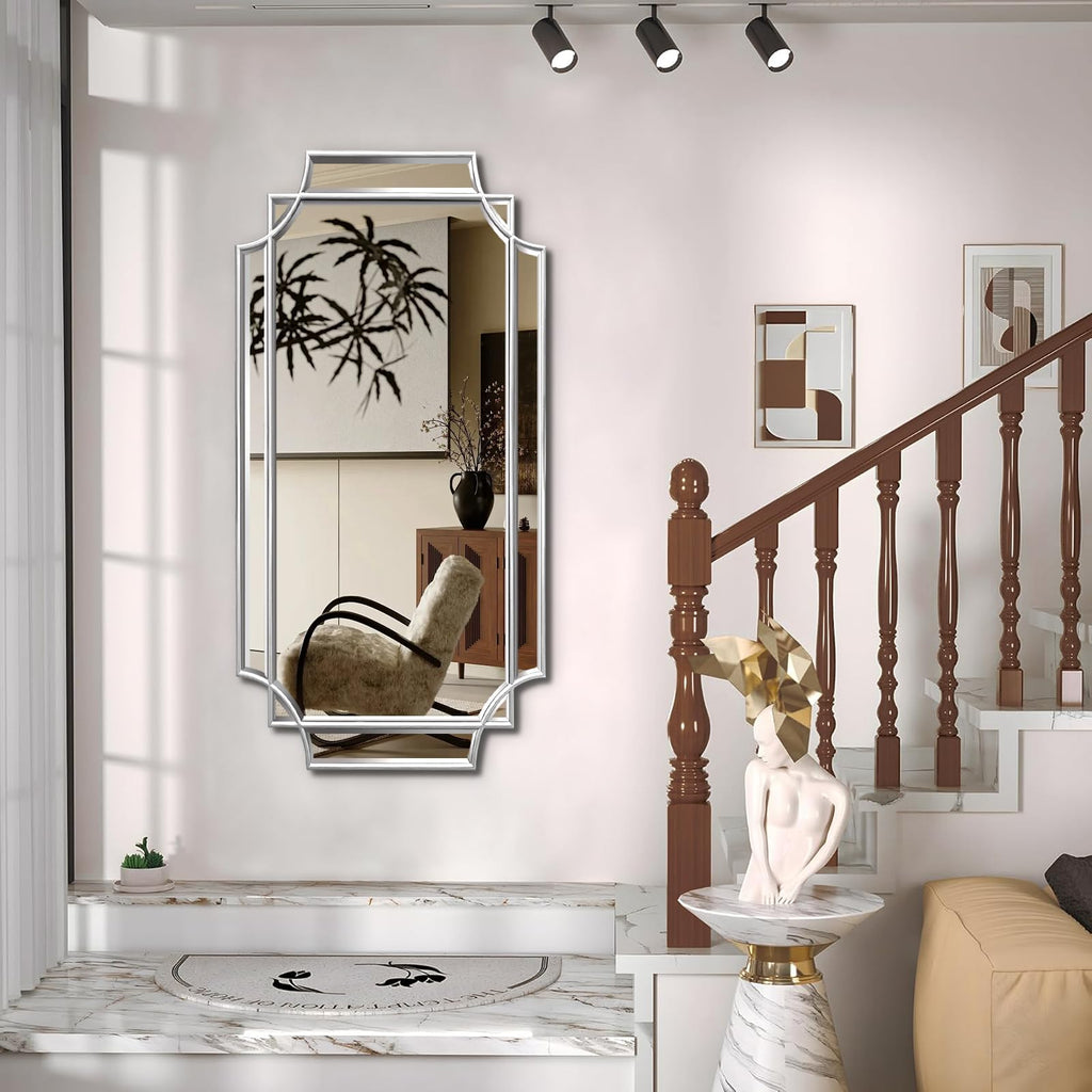 Wall Mirror Full Length, 47" x 24" Silver Wood Framed Full Body Mirror, Scalloped Beveled Polished Decorative