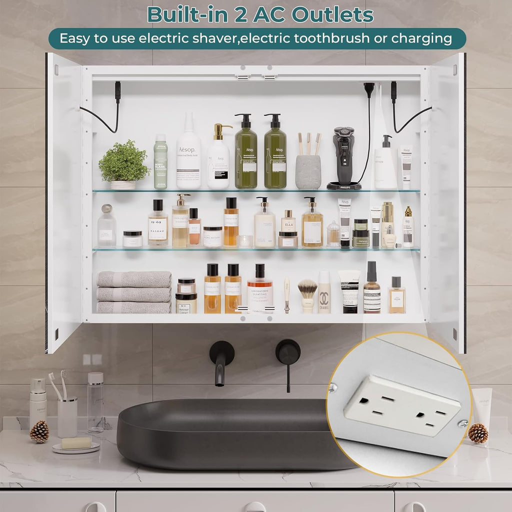 Bathroom Medicine Cabinet with Mirror and LED Light, Wall Mounted Bathroom Mirror with Storage, 2 Doors Bathroom Wall
