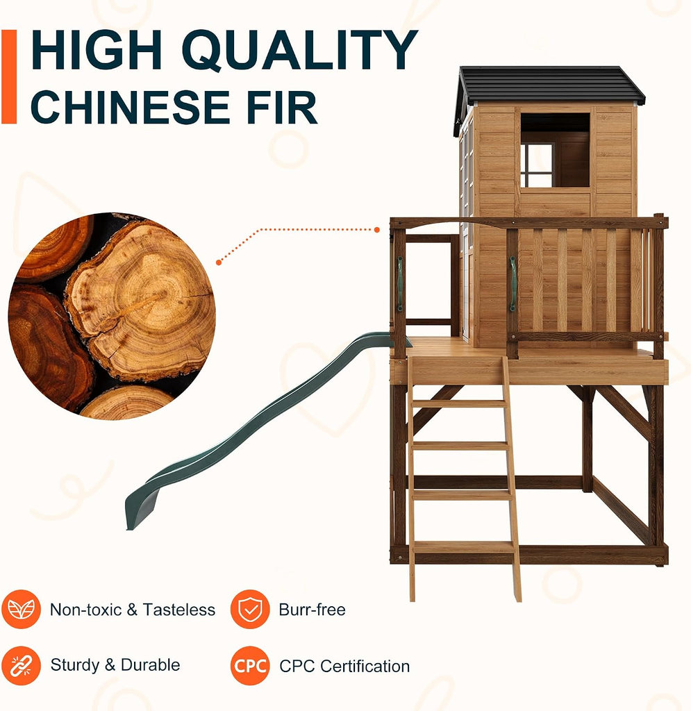 9-in-1 Outdoor Playhouse with Slide & Sandbox - Natural Fir Playset for Kids Ages 3-10, Includes Play Kitchen, Growth