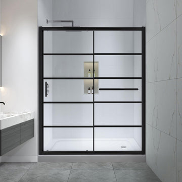 Black Grid Sliding Shower Door 55-60" W x 72" H, Matte Black, Single Sliding Door, Framed