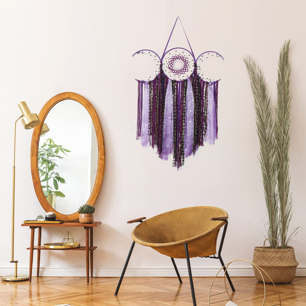 Purple Triple Moon Goddess Dream Catcher Macrame Wall Hanging, Pagan Decor