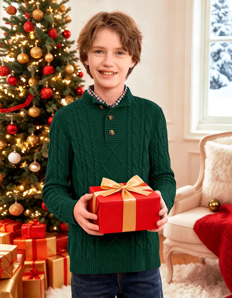 Boys Winter Cable Knit Sweater Mock Neck Button Pullover