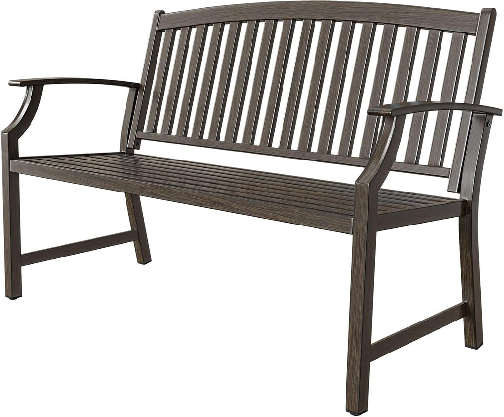 52" Farmhouse Outdoor Bench, Garden Benches with Anti-Rust Aluminum Powder Coated Frame, Faux Wood Grain Finish Frame