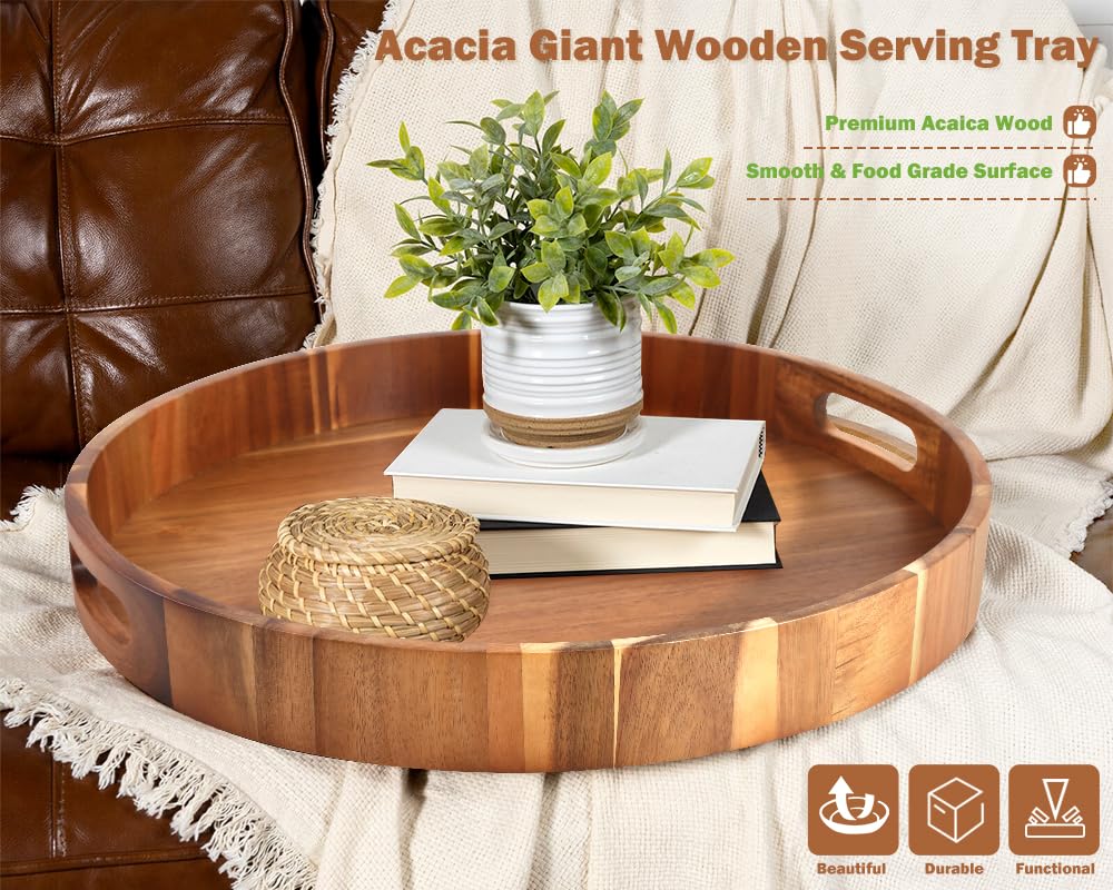 Extra Large Round Serving Tray, 20INCH, Heavy Duty Acacia Wood Trays for Big Ottoman Coffee Table Counter Giant