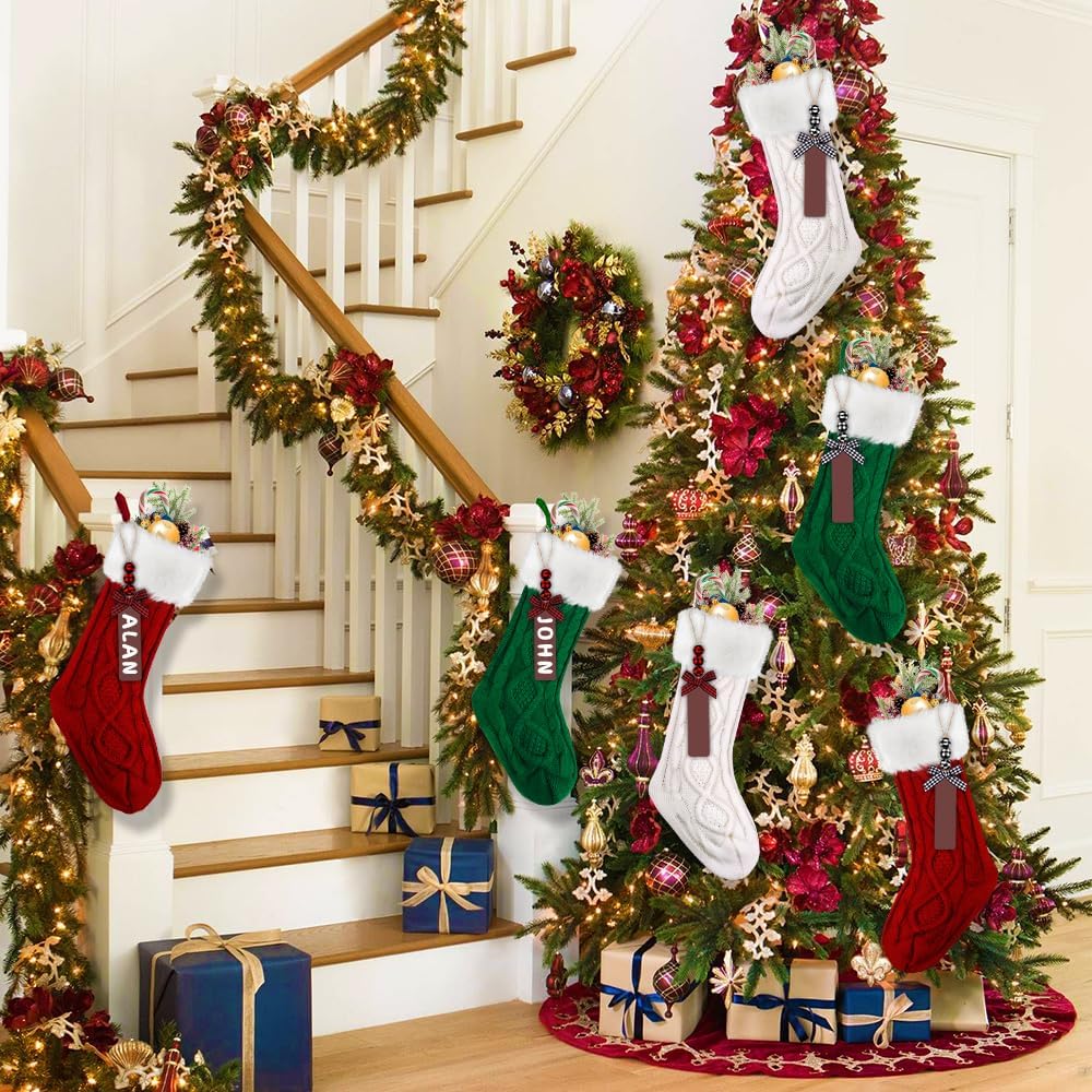 6Pcs Christmas Stocking,18"Large Cable Knitted Stocking with Tags