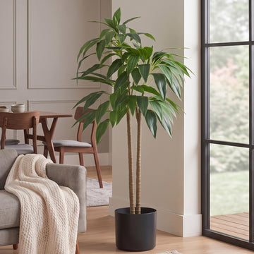 4FT Artificial Dracaena Tree, Realistic Faux Indoor Floor Plant with Lifelike Leaves in Black Planter Pot