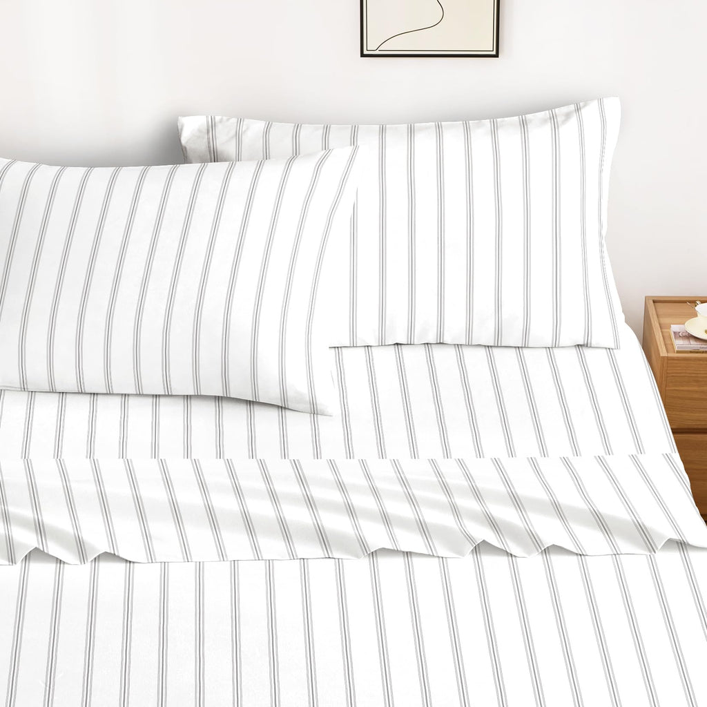 Striped Bed Sheets, 100% Cotton, 4 Pieces Sheet Set, Modern Farmhouse Ticking Vertical Pin Stripe Pattern Printed