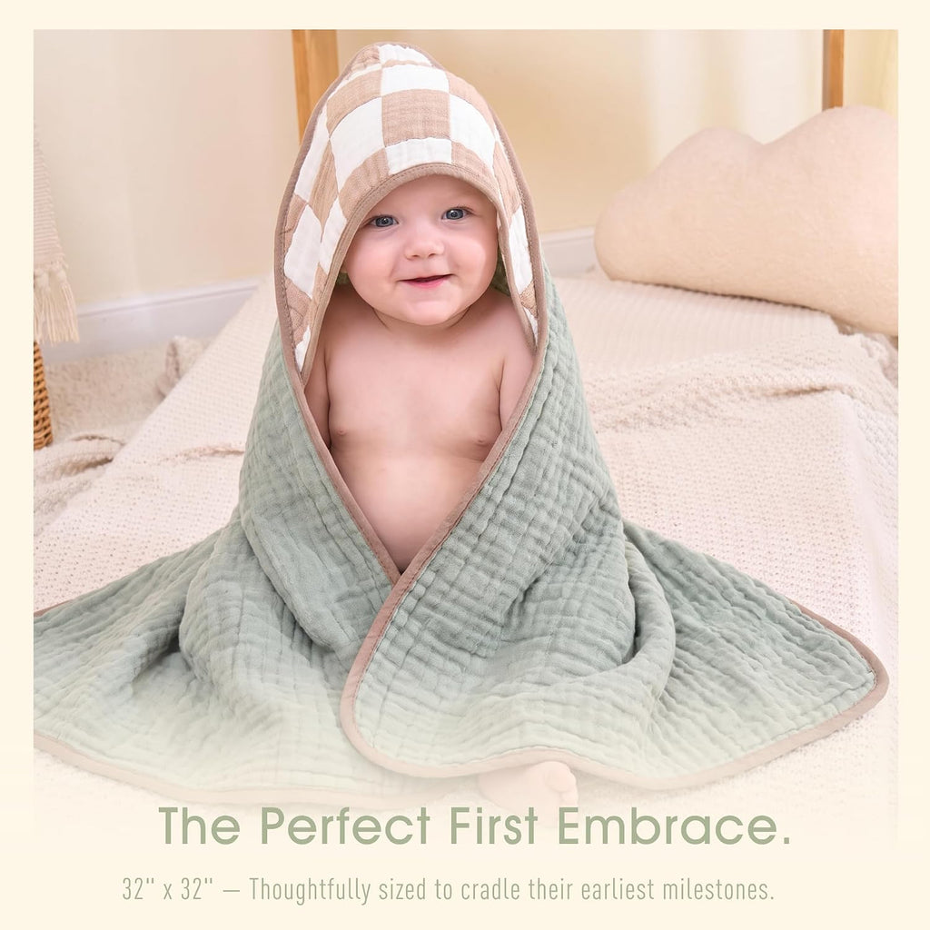 Muslin Baby Bath Towels Set Organic Cotton Blend (Earthy Matcha)