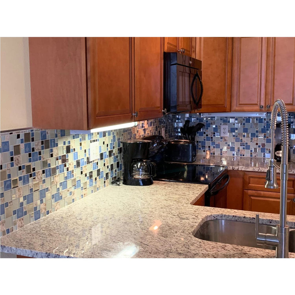 Blue Sea Glass Tile Backsplash Beach Style Mosaic Tiles Real Seashell Inside (Pack of 5 Sheets)