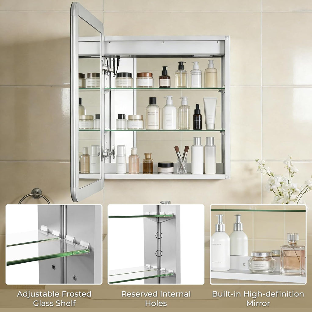 22 x 28 LED Bathroom Medicine Cabinet, Rounded Corner Aluminum Frame Lighted Mirror Cabinet with 3-Color Dimmable
