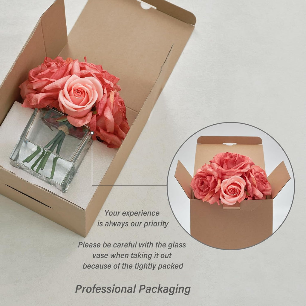 Rose Artificial Flowers in Vase with Faux Water, Silk Rose Table Centerpieces Coffee Table Decor, Bean Pasty Pink