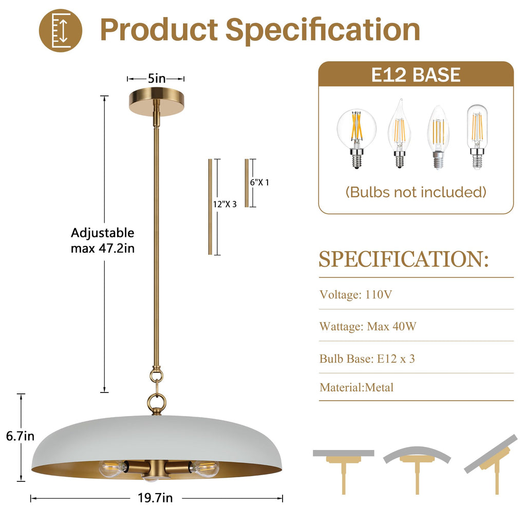 20 Inch Oversized Large Pendant Lights, 3-Lights Gray and Gold Modern Dome Chandelier, Nordic Metal Pendant Lighting