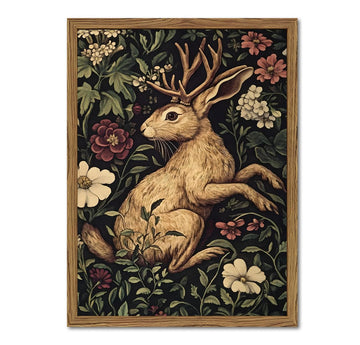 Vintage Rabbit Wall Art Whimsical Dark Cottagecore Jackalope Wall Decor Painting Moody Animal and Botanical Poster
