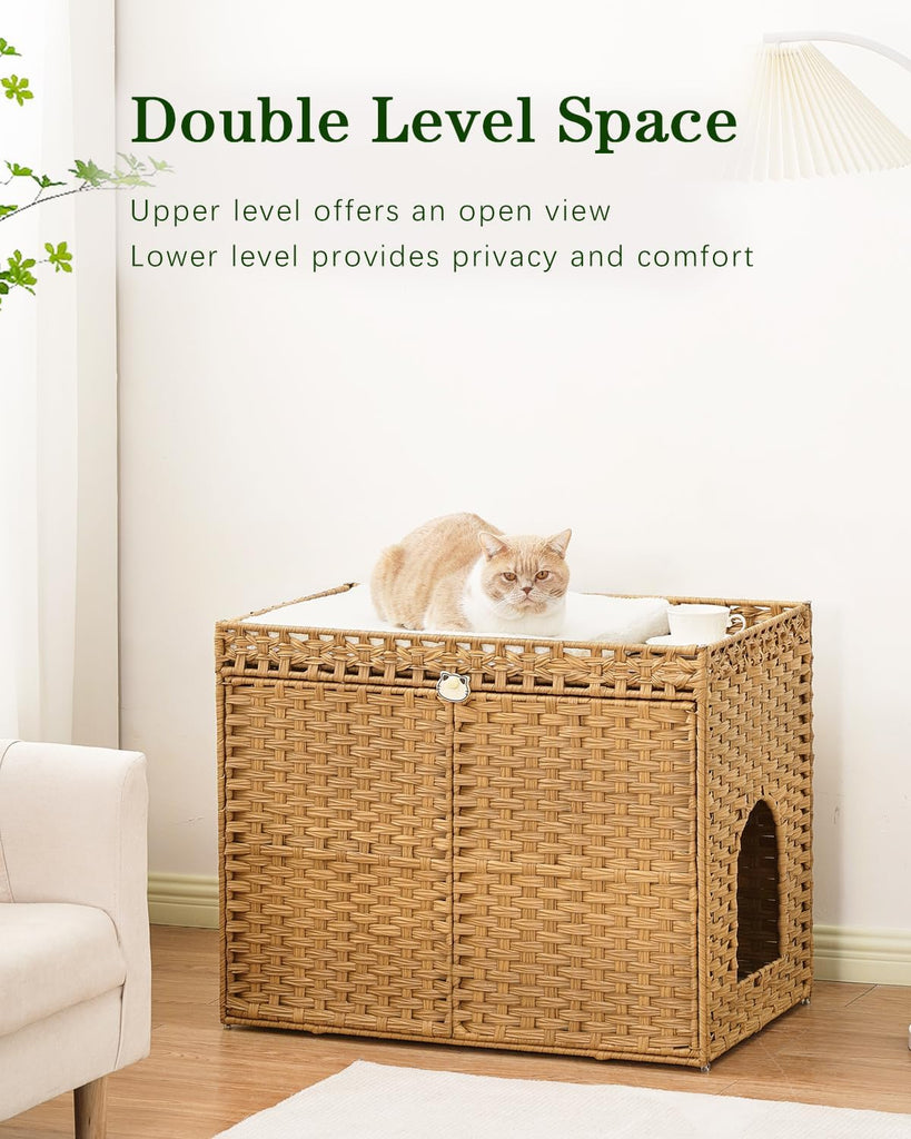 Cat Litter Box Enclosure, Extra Large Hidden PE Rattan Natural