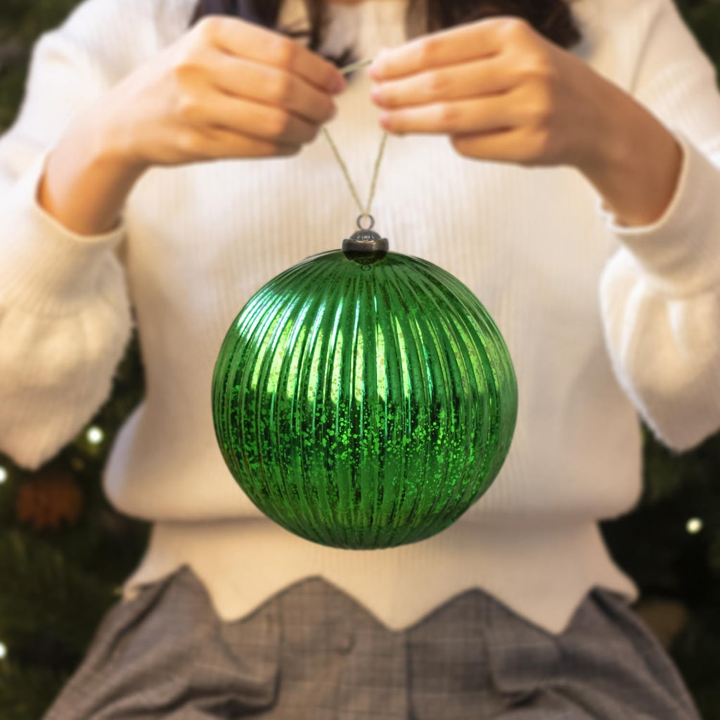 Green Christmas Ball Ornaments 6-Inch Set of 4 Large Hanging Tree Ornament Decorations Shatterproof Vintage Mercury